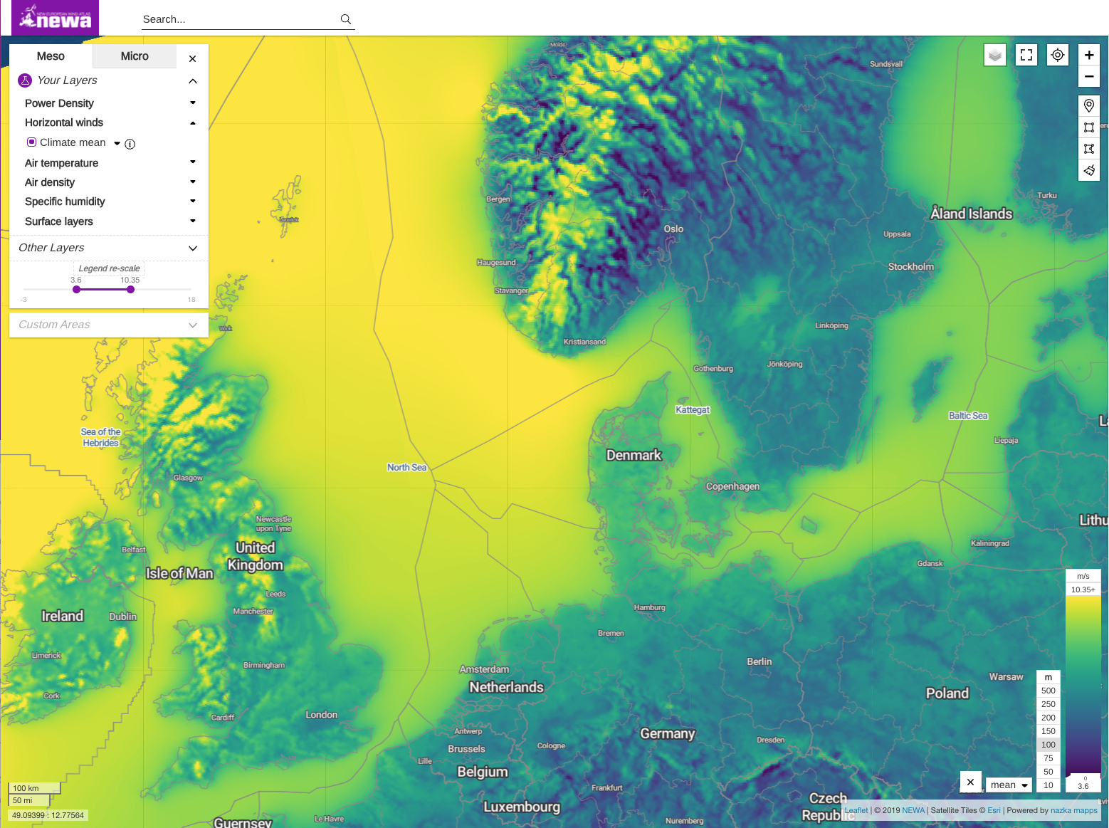 Map of mean wind speed at 100 m above ground level for Northern Europe as displayed by the NEWA website. PRACE resources were used for the calculations.