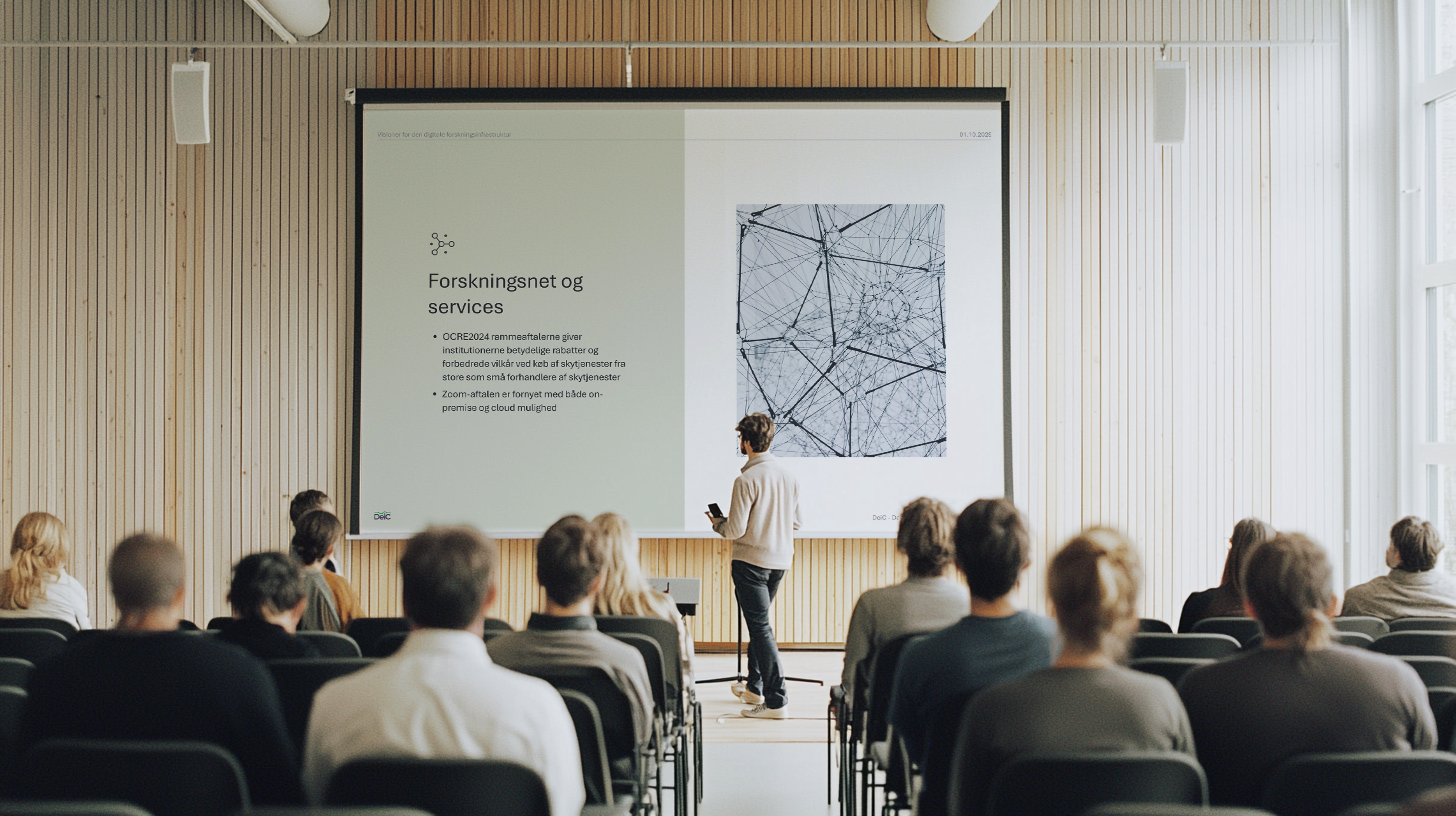 Mennesker sidder og ser på oplæg til konference